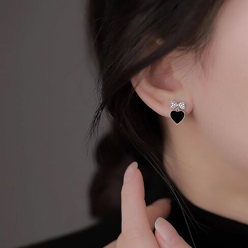 Black Heart Earrings for Girls Boho Tiny Bow Earrings Love Heart Stud Earrings Crystal Bow Knot Earrings for Women Gifts in Saudi Arabia