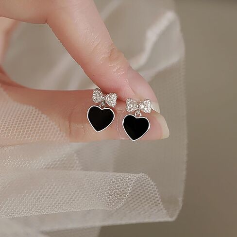 Black Heart Earrings for Girls Boho Tiny Bow Earrings Love Heart Stud Earrings Crystal Bow Knot Earrings for Women Gifts in Saudi Arabia