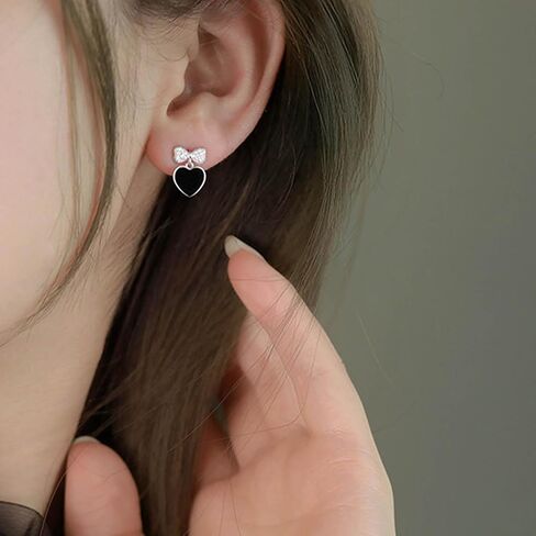 Black Heart Earrings for Girls Boho Tiny Bow Earrings Love Heart Stud Earrings Crystal Bow Knot Earrings for Women Gifts in Saudi Arabia