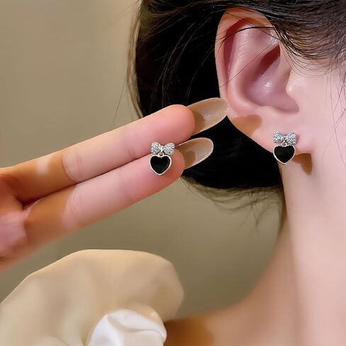 Black Heart Earrings for Girls Boho Tiny Bow Earrings Love Heart Stud Earrings Crystal Bow Knot Earrings for Women Gifts in Saudi Arabia