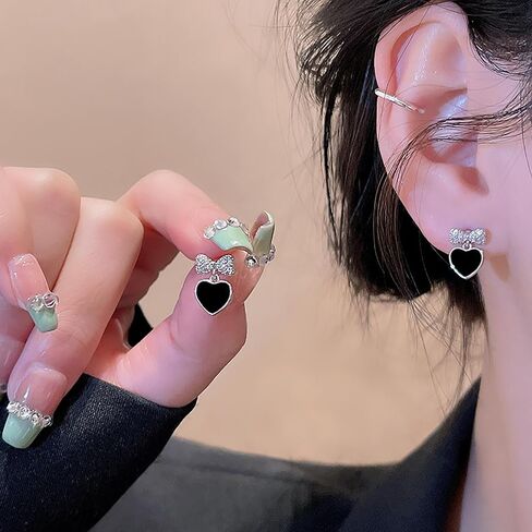 Black Heart Earrings for Girls Boho Tiny Bow Earrings Love Heart Stud Earrings Crystal Bow Knot Earrings for Women Gifts in Saudi Arabia
