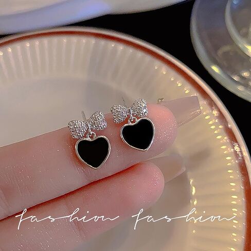 Black Heart Earrings for Girls Boho Tiny Bow Earrings Love Heart Stud Earrings Crystal Bow Knot Earrings for Women Gifts in Saudi Arabia