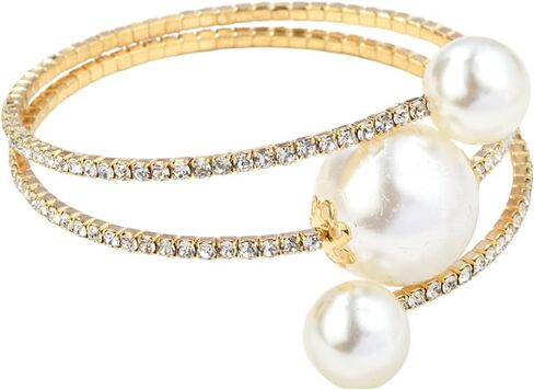 لذيذ حجر الراين الفضة الذهب اللؤلؤ المفتوحة الإسورة سوار الأزياء مكتنزة الذهب أساور الزفاف سباركلي الطبقات سوار قابل للتعديل أساور اللؤلؤ للنساء العرائس الفتيات in Kuwait