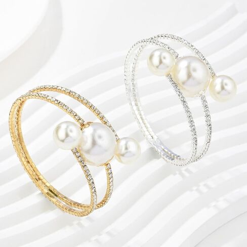 لذيذ حجر الراين الفضة الذهب اللؤلؤ المفتوحة الإسورة سوار الأزياء مكتنزة الذهب أساور الزفاف سباركلي الطبقات سوار قابل للتعديل أساور اللؤلؤ للنساء العرائس الفتيات in Kuwait