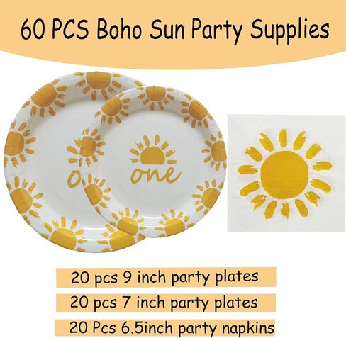 60 Pcs First Trip Around The Sun Party Tableware Set, Boho Sun Birthday Party Decoration,Sunshine Party Supplies Plates Napkins Perfect for 1st First Trip Around The Sun Party in Saudi Arabia