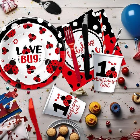 أدوات مائدة لتزيين حفلات عيد الميلاد الأول من Ladybug - لوازم أطباق ومناديل عيد الميلاد الأول من Lady Bug، طبق، كوب، منديل، شوكة، ديكورات Little Is Turning One | يخدم 24 in Kuwait