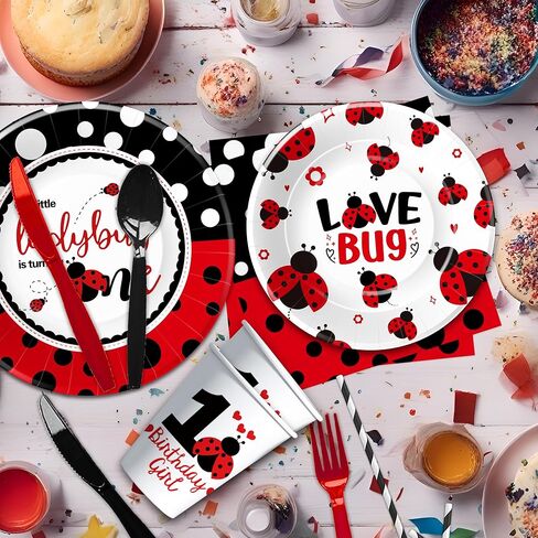 أدوات مائدة لتزيين حفلات عيد الميلاد الأول من Ladybug - لوازم أطباق ومناديل عيد الميلاد الأول من Lady Bug، طبق، كوب، منديل، شوكة، ديكورات Little Is Turning One | يخدم 24 in Kuwait