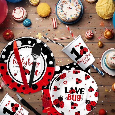 أدوات مائدة لتزيين حفلات عيد الميلاد الأول من Ladybug - لوازم أطباق ومناديل عيد الميلاد الأول من Lady Bug، طبق، كوب، منديل، شوكة، ديكورات Little Is Turning One | يخدم 24 in Kuwait