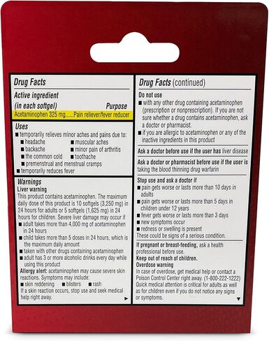 Acetaminophen 325mg 20 Softgels for Pain Relief, Liquid Filled Capsules to Rapid Release Pain, Quick Pain Reliever for Adults Extra Strength, Fever Reducer in Saudi Arabia