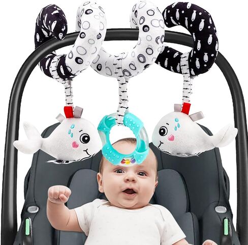 Spiral Car Seat & Stroller Activity Toy - Baby Carseat Toys Hanging Infants Plush Toys for Ages 0 Months and Up - Hanging Toys Include BB Squeaker, Crinkle Toys, Mirror and Textured Ribbons (Lion) in Saudi Arabia