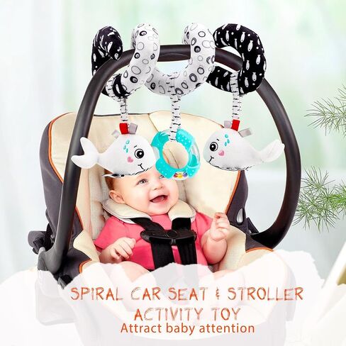 Spiral Car Seat & Stroller Activity Toy - Baby Carseat Toys Hanging Infants Plush Toys for Ages 0 Months and Up - Hanging Toys Include BB Squeaker, Crinkle Toys, Mirror and Textured Ribbons (Lion) in Saudi Arabia