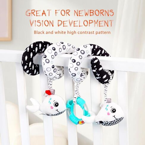Spiral Car Seat & Stroller Activity Toy - Baby Carseat Toys Hanging Infants Plush Toys for Ages 0 Months and Up - Hanging Toys Include BB Squeaker, Crinkle Toys, Mirror and Textured Ribbons (Lion) in Saudi Arabia