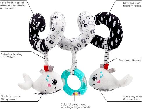 Spiral Car Seat & Stroller Activity Toy - Baby Carseat Toys Hanging Infants Plush Toys for Ages 0 Months and Up - Hanging Toys Include BB Squeaker, Crinkle Toys, Mirror and Textured Ribbons (Lion) in Saudi Arabia