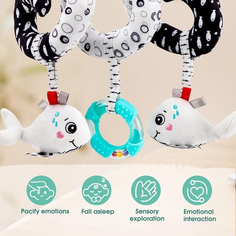 Spiral Car Seat & Stroller Activity Toy - Baby Carseat Toys Hanging Infants Plush Toys for Ages 0 Months and Up - Hanging Toys Include BB Squeaker, Crinkle Toys, Mirror and Textured Ribbons (Lion) in Saudi Arabia
