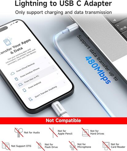 عبوتان لمحول Lightning إلى USB C، محول Lightning Female إلى USB C Male لهاتف iPhone 15، iPad Pro، أجهزة النوع C، موصل شاحن النوع C، دعم الشحن ونقل البيانات، وليس للصوت/OTG/الميكروفون in Kuwait