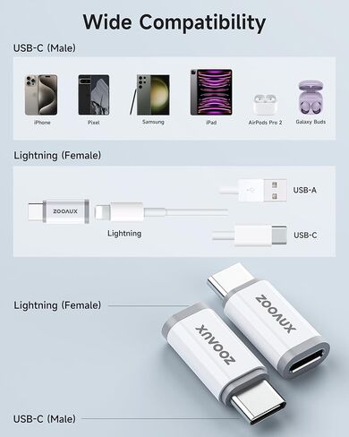 عبوتان لمحول Lightning إلى USB C، محول Lightning Female إلى USB C Male لهاتف iPhone 15، iPad Pro، أجهزة النوع C، موصل شاحن النوع C، دعم الشحن ونقل البيانات، وليس للصوت/OTG/الميكروفون in Kuwait