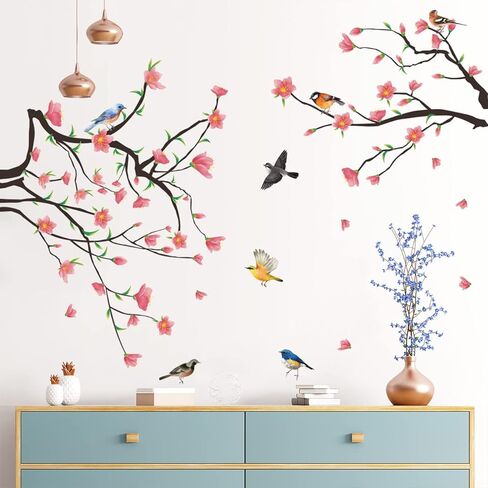Removable 3D Two Curved Tree Branches Leaves With Colorful Flying Birds Wall Decals DIY Peel and Stick Wall art Decor Stickers for Kids Babys Bedroom Boys Playroom Classroom Nursery Wall Corner Decoration (White) in Saudi Arabia