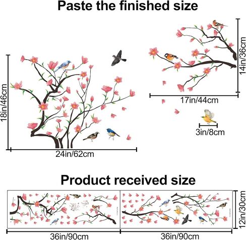Removable 3D Two Curved Tree Branches Leaves With Colorful Flying Birds Wall Decals DIY Peel and Stick Wall art Decor Stickers for Kids Babys Bedroom Boys Playroom Classroom Nursery Wall Corner Decoration (White) in Saudi Arabia
