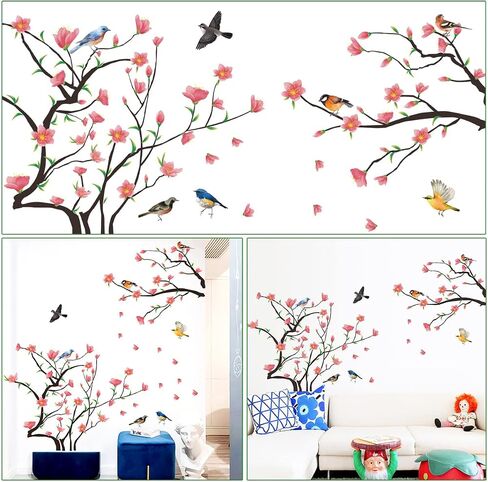 Removable 3D Two Curved Tree Branches Leaves With Colorful Flying Birds Wall Decals DIY Peel and Stick Wall art Decor Stickers for Kids Babys Bedroom Boys Playroom Classroom Nursery Wall Corner Decoration (White) in Saudi Arabia