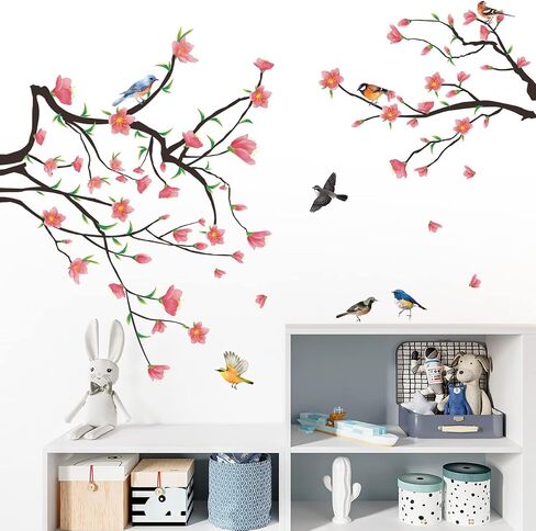 Removable 3D Two Curved Tree Branches Leaves With Colorful Flying Birds Wall Decals DIY Peel and Stick Wall art Decor Stickers for Kids Babys Bedroom Boys Playroom Classroom Nursery Wall Corner Decoration (White) in Saudi Arabia