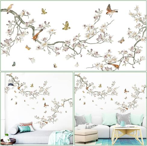 Removable 3D Two Curved Tree Branches Leaves With Colorful Flying Birds Wall Decals DIY Peel and Stick Wall art Decor Stickers for Kids Babys Bedroom Boys Playroom Classroom Nursery Wall Corner Decoration (White) in Saudi Arabia
