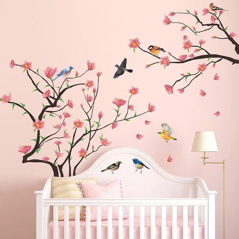 Removable 3D Two Curved Tree Branches Leaves With Colorful Flying Birds Wall Decals DIY Peel and Stick Wall art Decor Stickers for Kids Babys Bedroom Boys Playroom Classroom Nursery Wall Corner Decoration (White) in Saudi Arabia