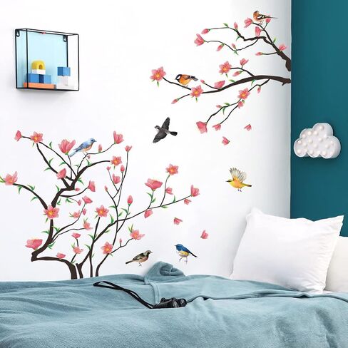 Removable 3D Two Curved Tree Branches Leaves With Colorful Flying Birds Wall Decals DIY Peel and Stick Wall art Decor Stickers for Kids Babys Bedroom Boys Playroom Classroom Nursery Wall Corner Decoration (White) in Saudi Arabia