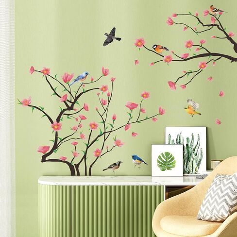 Removable 3D Two Curved Tree Branches Leaves With Colorful Flying Birds Wall Decals DIY Peel and Stick Wall art Decor Stickers for Kids Babys Bedroom Boys Playroom Classroom Nursery Wall Corner Decoration (White) in Saudi Arabia