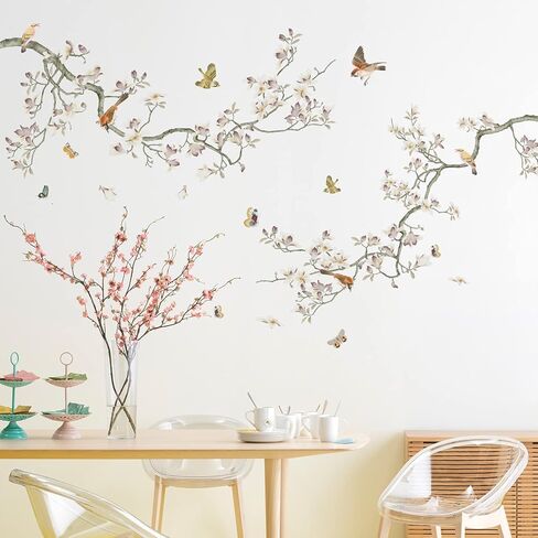 Removable 3D Two Curved Tree Branches Leaves With Colorful Flying Birds Wall Decals DIY Peel and Stick Wall art Decor Stickers for Kids Babys Bedroom Boys Playroom Classroom Nursery Wall Corner Decoration (White) in Saudi Arabia