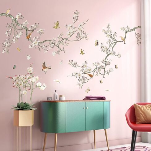 Removable 3D Two Curved Tree Branches Leaves With Colorful Flying Birds Wall Decals DIY Peel and Stick Wall art Decor Stickers for Kids Babys Bedroom Boys Playroom Classroom Nursery Wall Corner Decoration (White) in Saudi Arabia