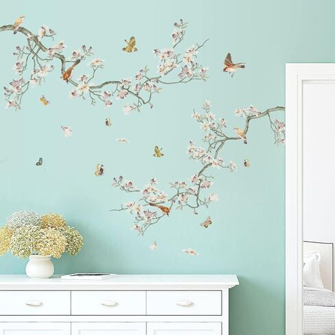 Removable 3D Two Curved Tree Branches Leaves With Colorful Flying Birds Wall Decals DIY Peel and Stick Wall art Decor Stickers for Kids Babys Bedroom Boys Playroom Classroom Nursery Wall Corner Decoration (White) in Saudi Arabia