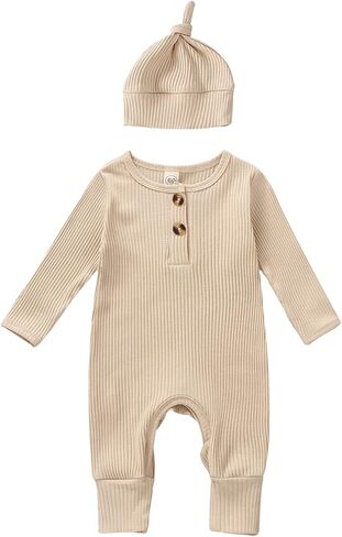 ملابس حديثي الولادة للأولاد والبنات رومبير مضلع للرضع سادة بأكمام طويلة منسوجة بدلة قفز قبعة ملابس منزلية قادمة in Kuwait