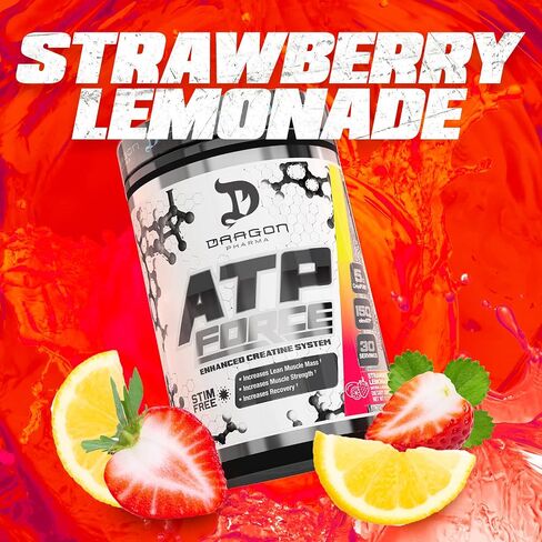 DRAGON PHARMA ATP Force Enhanced Creatine System, Stim-Free, Increase Lean Muscle Mass & Recovery, 5 Grams of CreaPure, Improves Blood Flow (30 Servings, Strawberry Lemonade) in Saudi Arabia