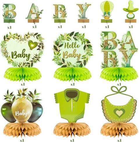 قطع مركزية على شكل قرص العسل من ANGOLIO Greenery Sage - 12 قطعة من قطع مركزية لحفلات استقبال المولود الجديد، ديكور حكيم للأطفال، ديكور للطاولة، حكيم أخضر تحت عنوان حفلة عيد ميلاد، دعائم صور للأطفال الأولاد والبنات in Saudi Arabia