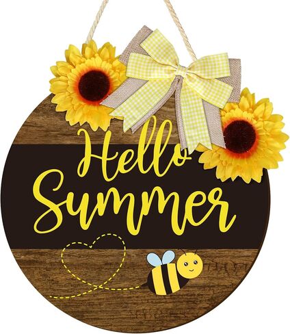 Whaline Bee Door Welcome Sign Hello Summer Wooden Door Sign Honey Bumble Bee Hanging Sign with Bow Sunflower Rustic Farmhouse Door Hanger for Home Coffee Shop Bakery Window Decoration in Saudi Arabia
