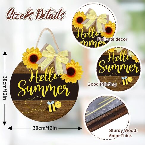 Whaline Bee Door Welcome Sign Hello Summer Wooden Door Sign Honey Bumble Bee Hanging Sign with Bow Sunflower Rustic Farmhouse Door Hanger for Home Coffee Shop Bakery Window Decoration in Saudi Arabia