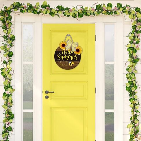Whaline Bee Door Welcome Sign Hello Summer Wooden Door Sign Honey Bumble Bee Hanging Sign with Bow Sunflower Rustic Farmhouse Door Hanger for Home Coffee Shop Bakery Window Decoration in Saudi Arabia
