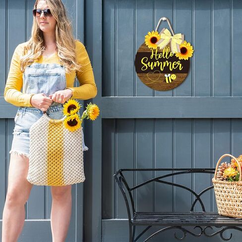 Whaline Bee Door Welcome Sign Hello Summer Wooden Door Sign Honey Bumble Bee Hanging Sign with Bow Sunflower Rustic Farmhouse Door Hanger for Home Coffee Shop Bakery Window Decoration in Saudi Arabia