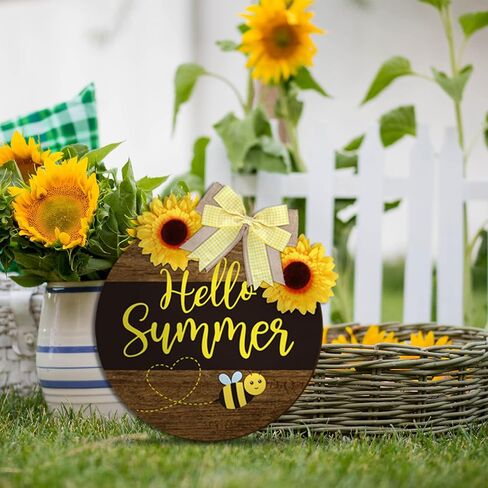 Whaline Bee Door Welcome Sign Hello Summer Wooden Door Sign Honey Bumble Bee Hanging Sign with Bow Sunflower Rustic Farmhouse Door Hanger for Home Coffee Shop Bakery Window Decoration in Saudi Arabia