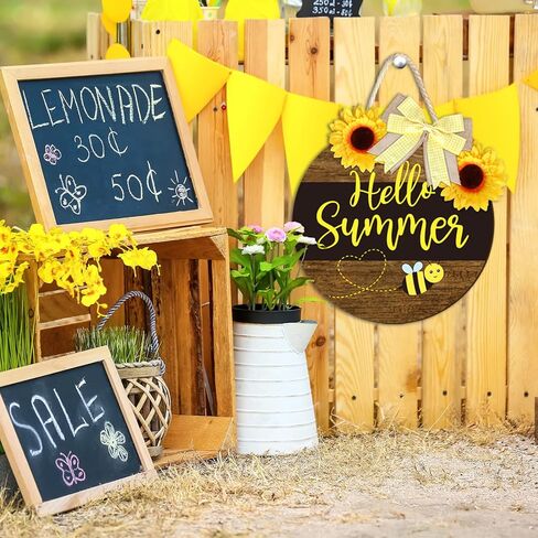 Whaline Bee Door Welcome Sign Hello Summer Wooden Door Sign Honey Bumble Bee Hanging Sign with Bow Sunflower Rustic Farmhouse Door Hanger for Home Coffee Shop Bakery Window Decoration in Saudi Arabia