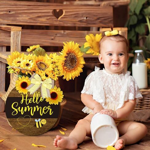 Whaline Bee Door Welcome Sign Hello Summer Wooden Door Sign Honey Bumble Bee Hanging Sign with Bow Sunflower Rustic Farmhouse Door Hanger for Home Coffee Shop Bakery Window Decoration in Saudi Arabia