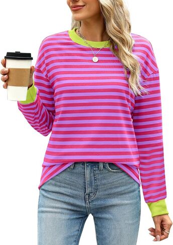 WIHOLL Womens Tunic Tops Loose Fit Long Sleeve Striped Shirts Crewneck Tops in Saudi Arabia