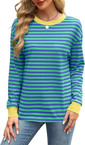 WIHOLL Womens Tunic Tops Loose Fit Long Sleeve Striped Shirts Crewneck Tops in Kuwait