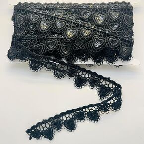 Heart Pattern with Sequins lace Trim. 2,2cm lace Fabric for Garment Sewing, DIY Craft, Home Decor, DIY Arts and Craft. (Black Hearts with Sequins)