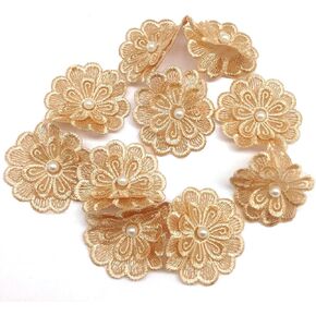 PEPPERLONELY 1 Yard (About 18PC) Gold Pearl Chiffon Flower Embroidered Lace Edge Trim Ribbon, 2 Inch