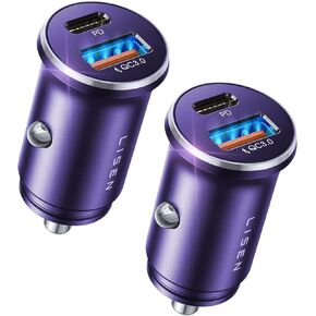 LISEN 48W USB C Car Charger Adapter [2 Pack] [Mini & Metal] Cigarette Lighter USB Charger Fast Charging [PD QC 3.0] USBC Car Phone Charger for iPhone 15 Pro Max Plus 14 Samsung Galaxy iPad Purple