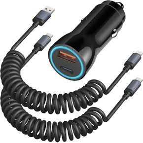 Car Charger for iPhone 15 14 13 12 11, [MFi Certified] 43W USB C Car Charger Adapter with 2-Pack Coiled Cables for iPhone 15/14/13/12/11 Pro Max Plus, Cigarette Lighter Adapter for iPhone