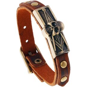 JSEA Vintage Metal Embossed Masonic Freemasonry Skull Brown Leather Bracelet Bangle