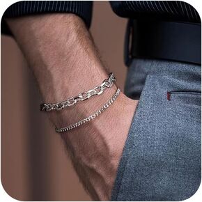Silver Cuban Charm Link Chain Bracelets for Men Boys, Mens Silver Bracelet Set 925 Sterling Silver Thin Chunky Chain Bracelet for Men O-Linked Chain Silver Jewelry Gift for Men 6.5-9 in