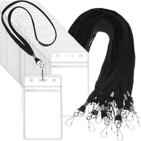 Marspark 100 Sets Clear Lanyard with ID Holder Bulk Flat Lanyard with Retractable Badge Plastic Name Badge Holder with J Hook Clip Waterproof Lanyard with Badge Holder for Business